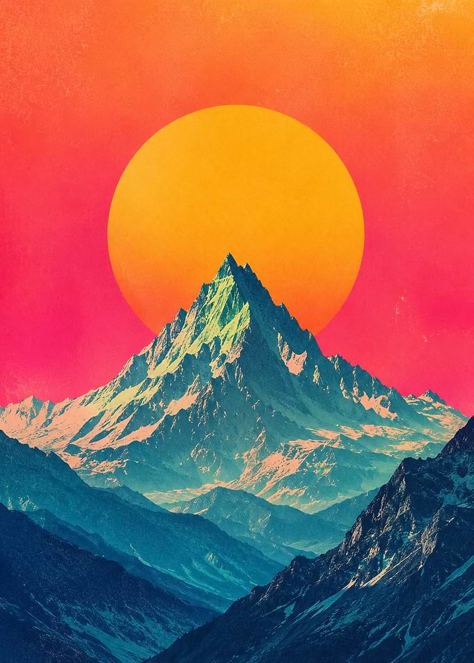 Retro Synthwave Mountain Sunset Landscape