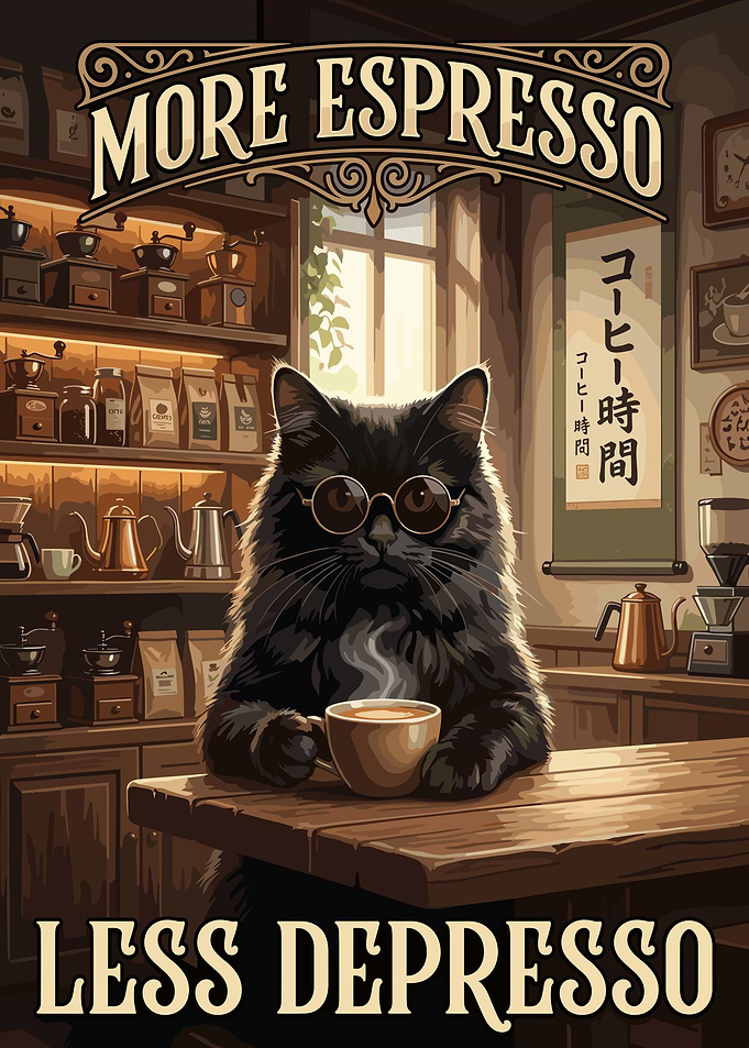 Cool Black Cat Drinking Espresso Poster