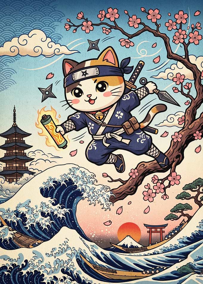 Ninja Cat Japanese Ukiyo-e Poster