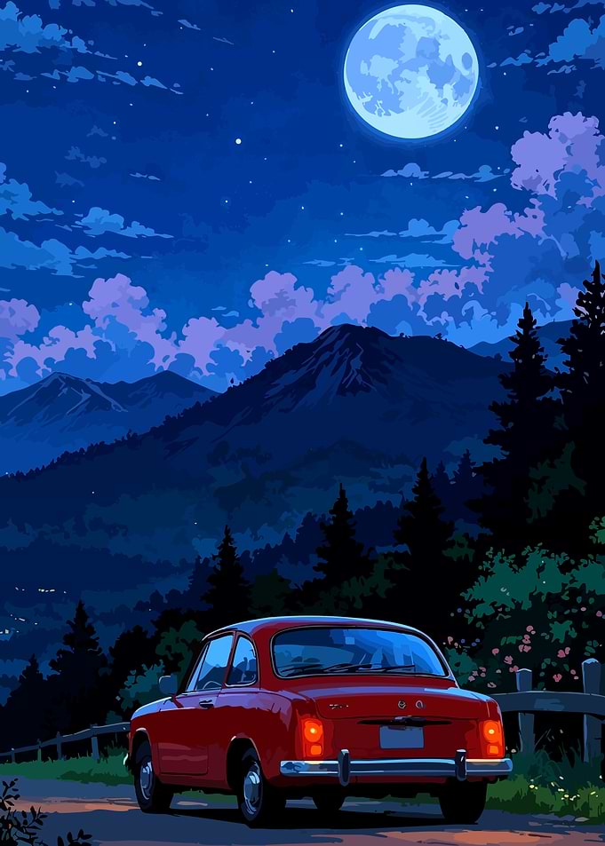 Red Vintage Car Under Moonlight