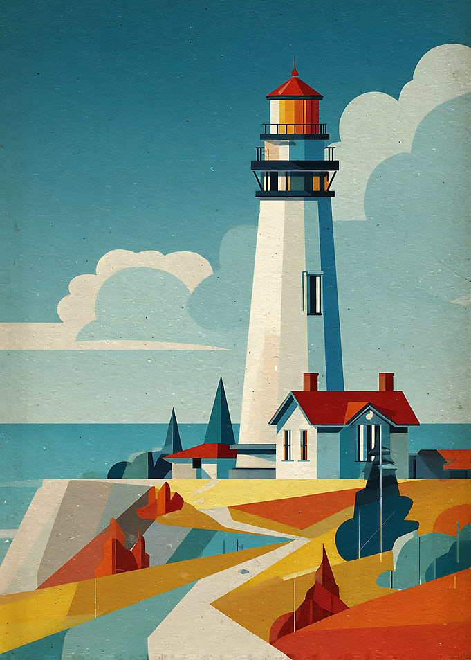 Stylized Lighthouse Coastal Landscape Illustration