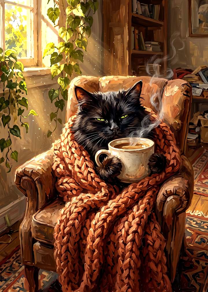 Cozy Black Cat With Coffee