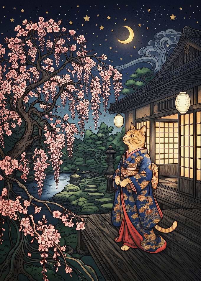 Cat Kimono Japan Night Poster