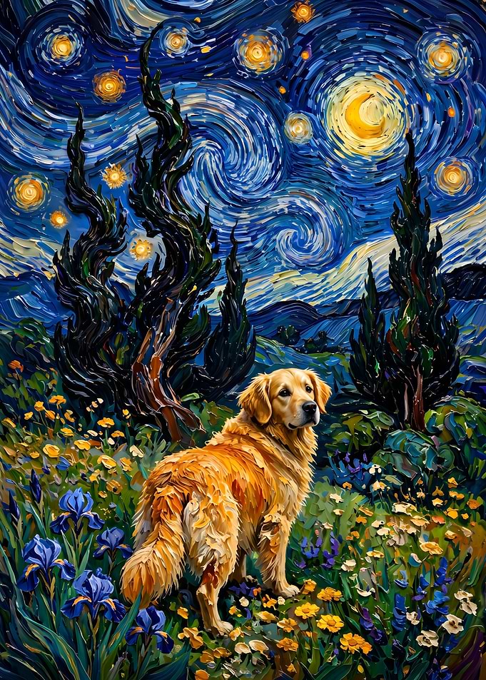 Golden Retriever looking back in Starry Night Style
