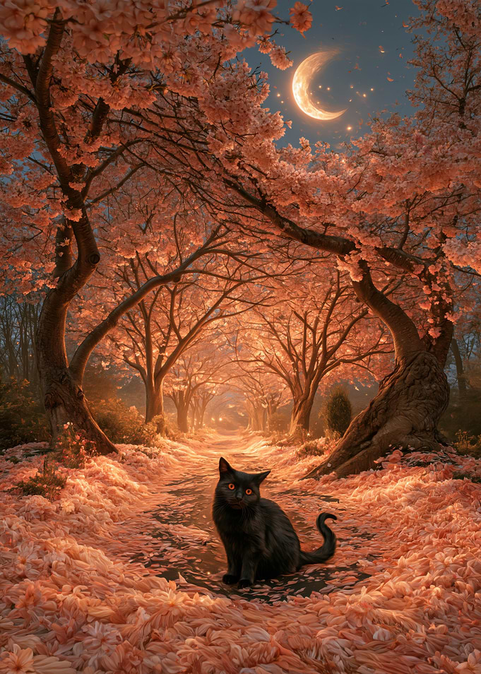 Black Cat in Cherry Blossom Tunnel