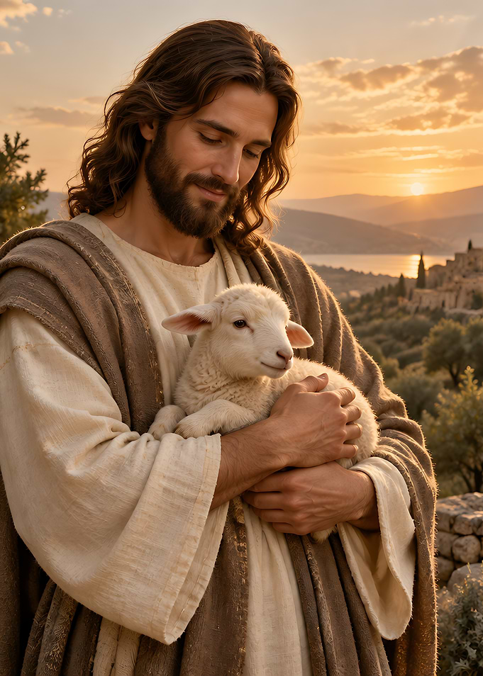 Jesus Holding a Lamb at Sunset
