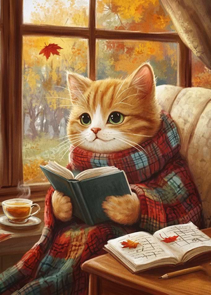 Autumn Cat Reading Book Cozy Art
