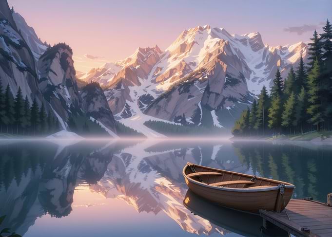 Serene Mountain Lake with Wooden Boat
