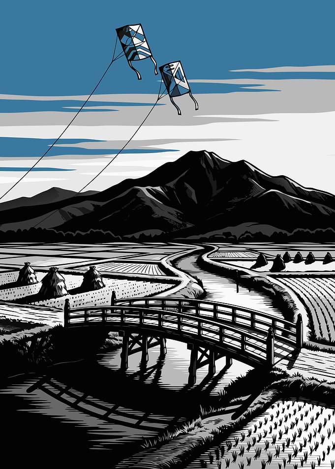 Japanese Rural Landscape with Kites