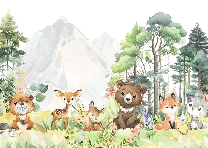 Baby Woodland Animals at the Foot of the Mountains