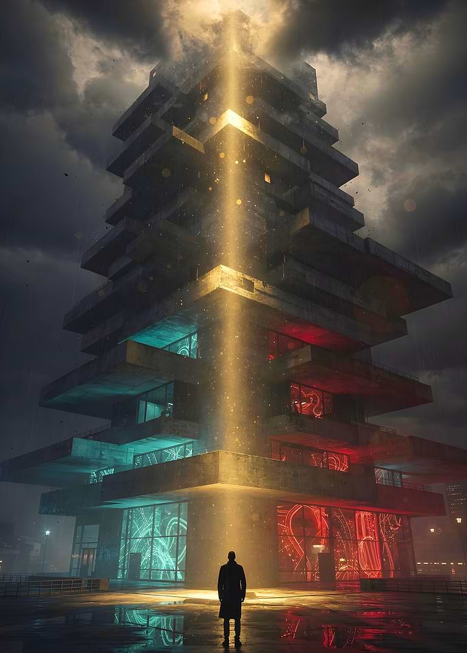 Man standing before glowing brutalist tower