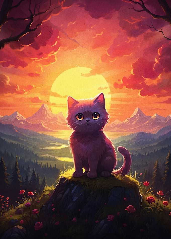 Sunset Cat Fantasy Landscape Art