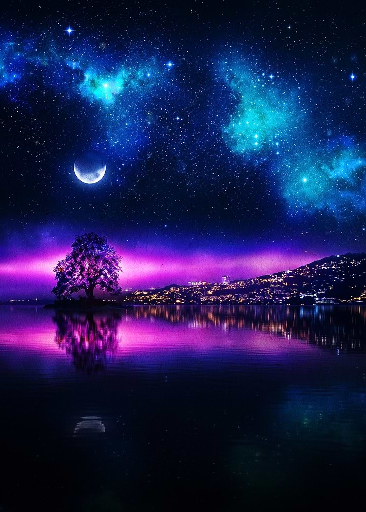 Neon Night Landscape with Glowing Tree