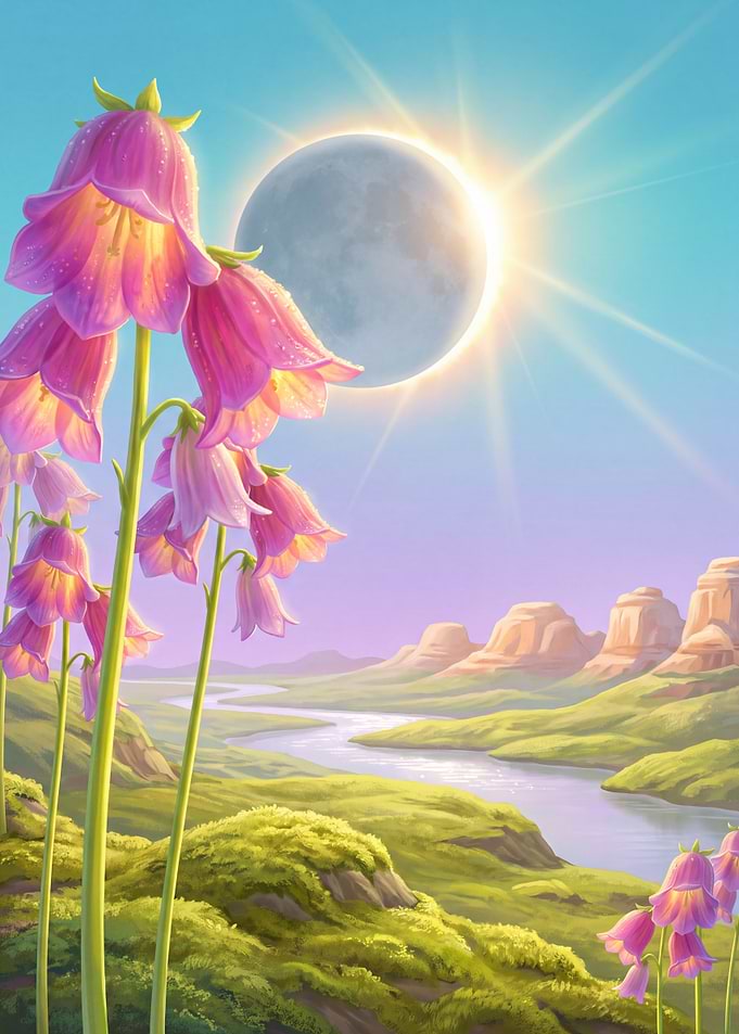 Alien Flower Meadow Under Golden Eclipse