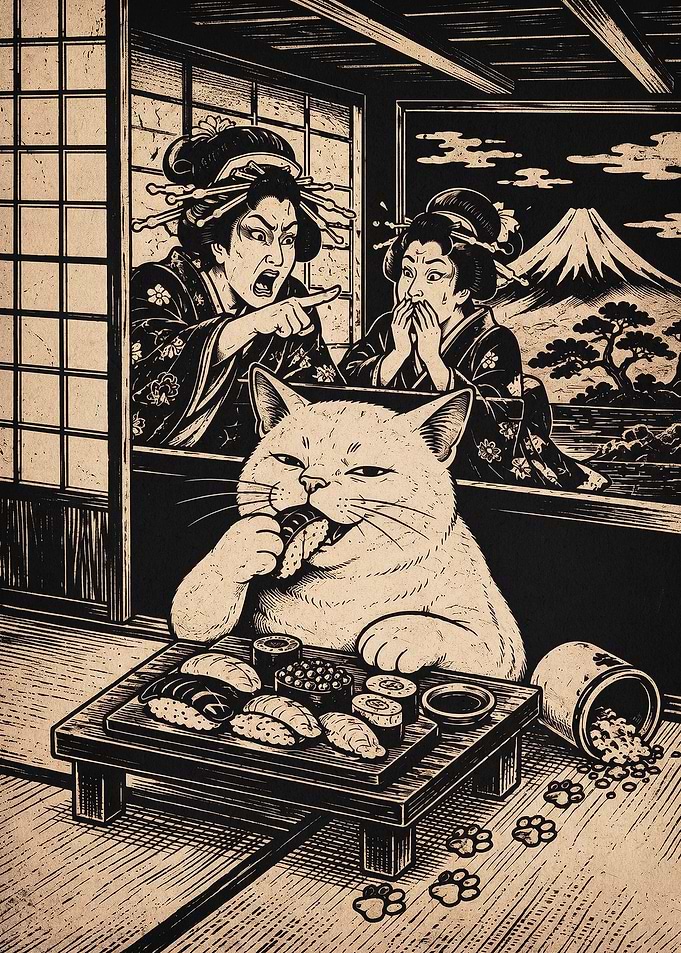 Cat Sushi Ukiyo-e Funny Poster