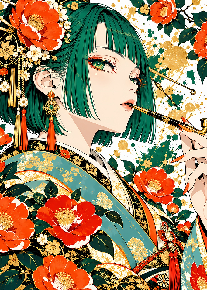 Elegant Anime Woman with Floral Kimono