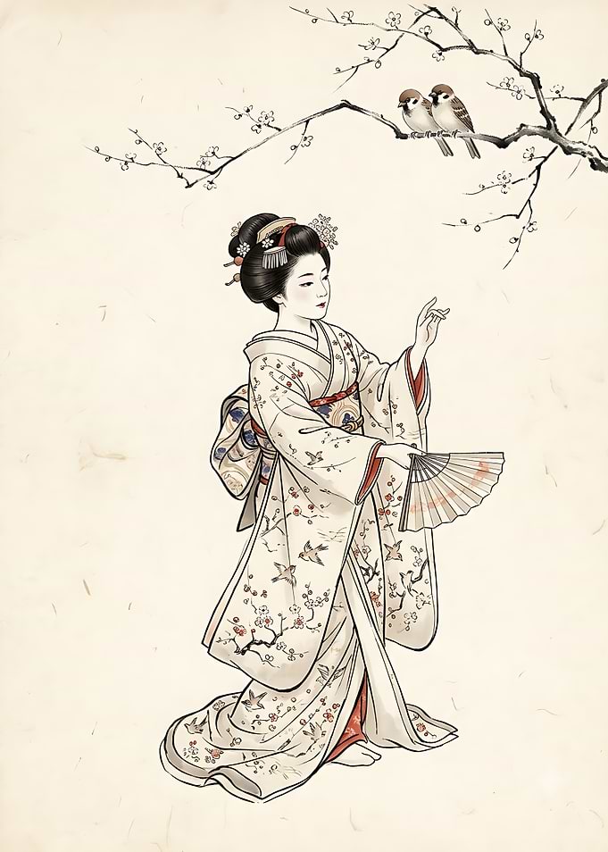 Elegant Geisha with Birds Illustration