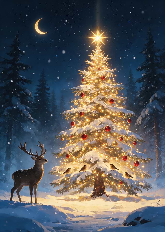 Magical Christmas Tree in Snowy Forest