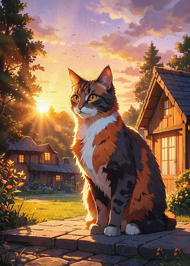Calico Cat Sunset Countryside Art