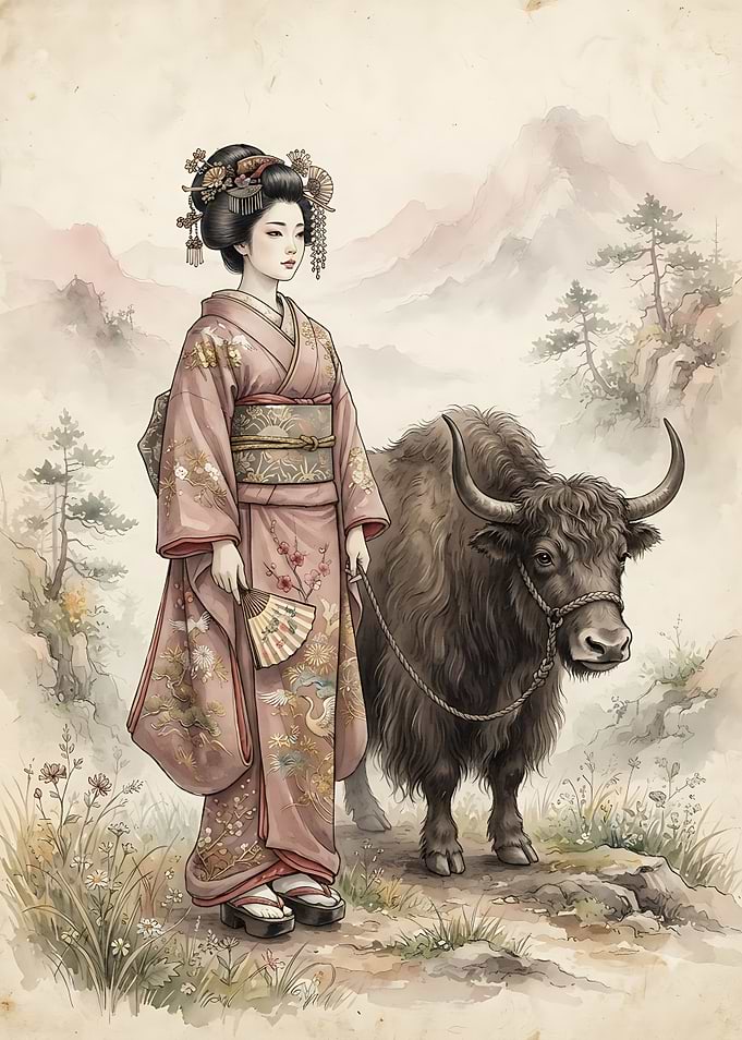 Geisha with Yak in Mountain Landscape