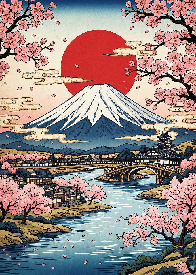 Mount Fuji Cherry Blossom Ukiyo-e A