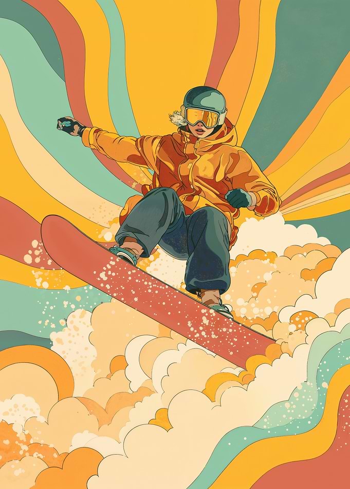 Retro Snowboarder Jumping Through Powder And Waves