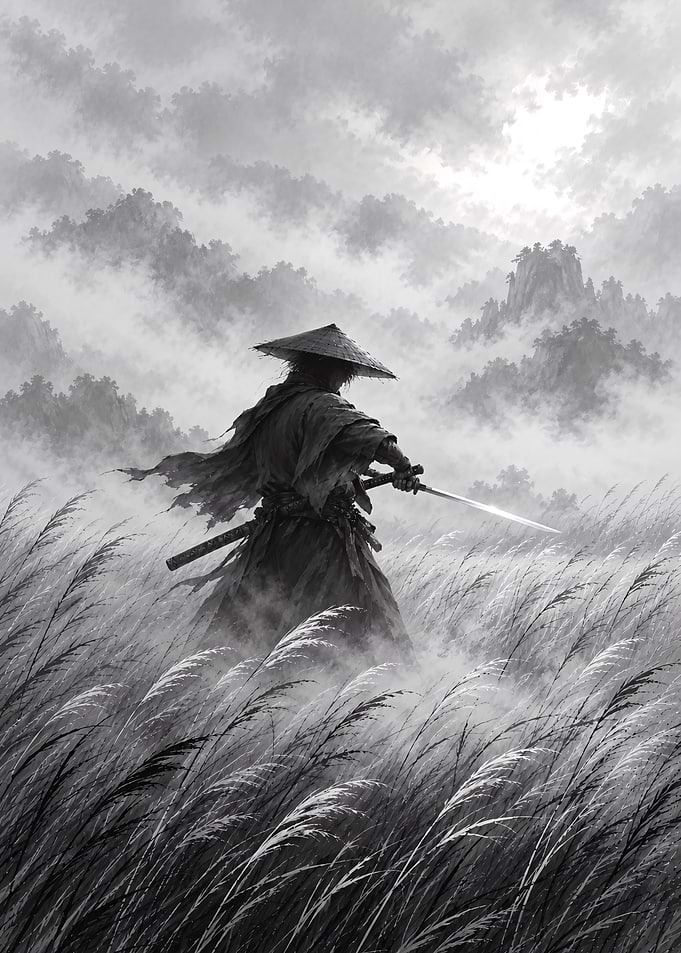 Lone Samurai in Misty Grasslands