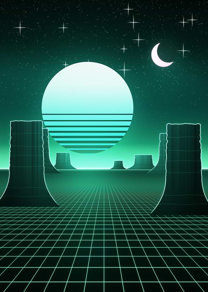 Green Synthwave Canyon Twin Moons Retro Art