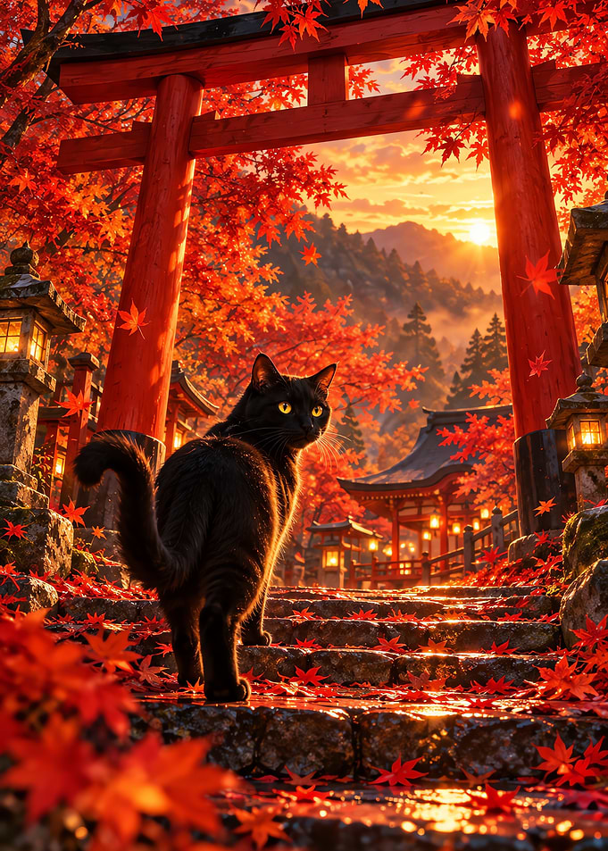Black Cat Red Torii Gate Autumn Shrine Steps