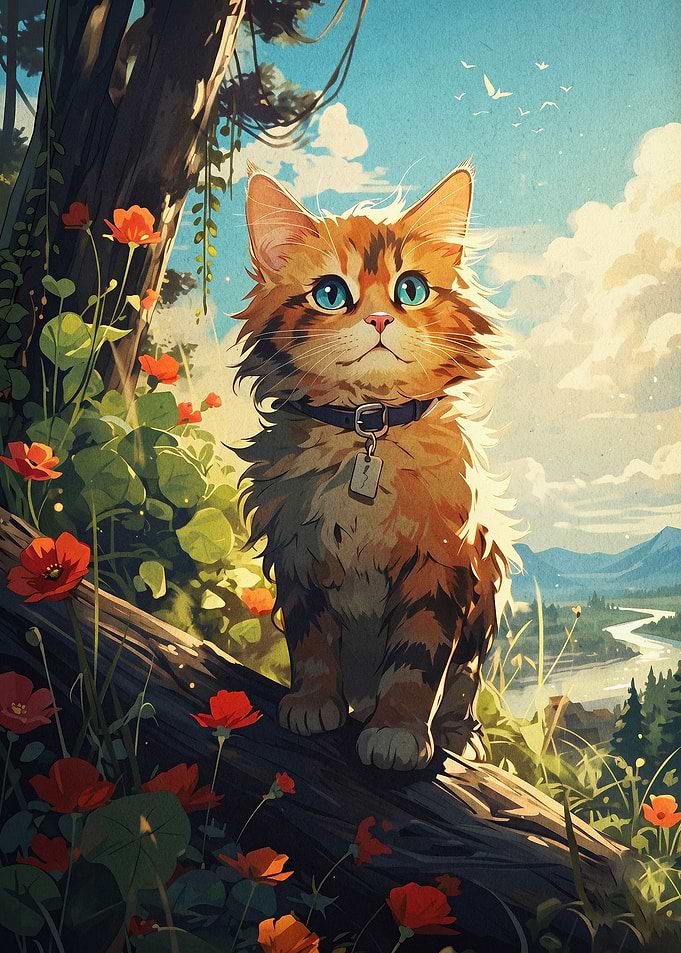 Sunlit Meadow Cat Anime Art