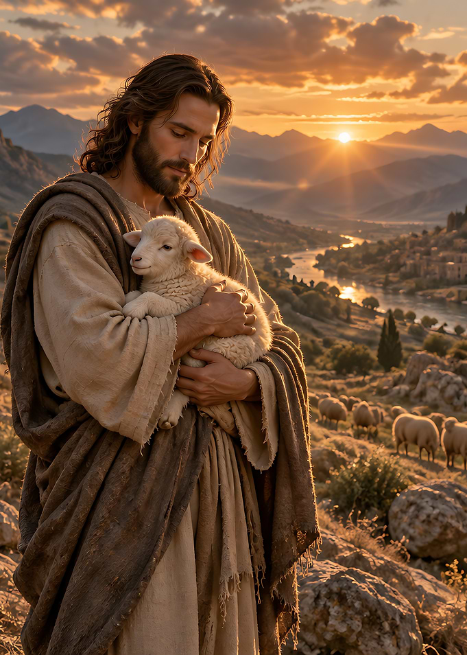 Jesus Holding a Lamb at Sunset