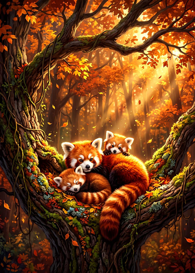Red Pandas Resting in Autumn Tree