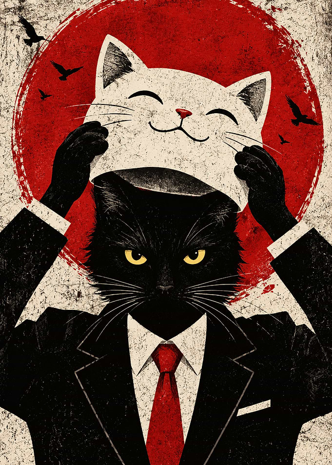 Black Cat in Suit Removing Mask