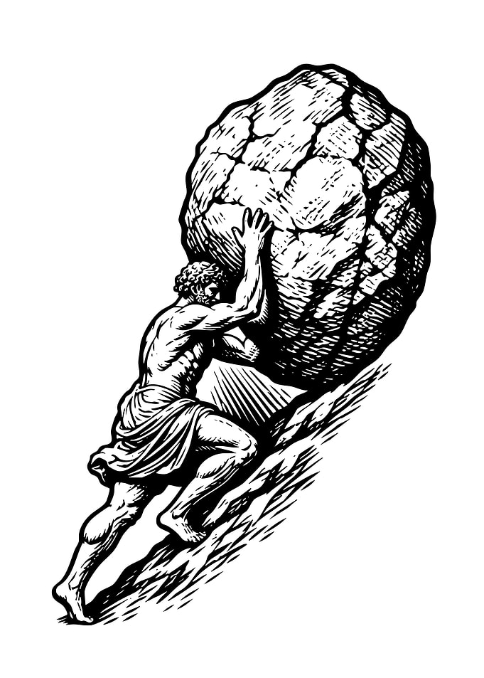 Sisyphus Pushing Boulder Up Hill