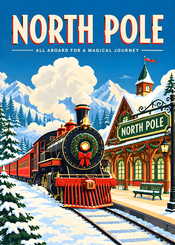 Vintage Steam Train Arriving Snowy Station Travel Illustration