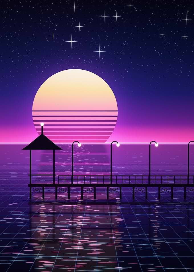 Neon Pier Ocean Synthwave Night Retro Poster