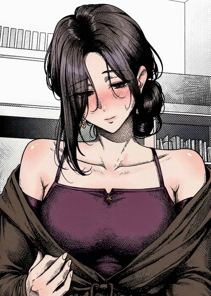 Blushing Anime Woman in Purple Top