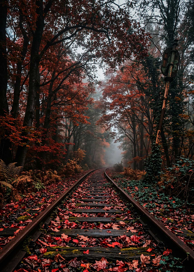 Misty Autumn Railway Through Forest
