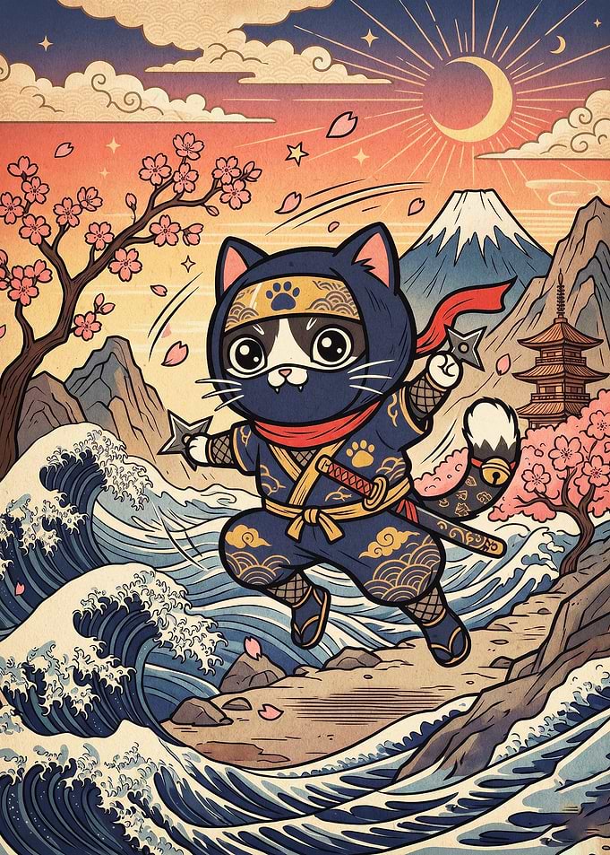 Ninja Cat Japanese Retro Art Poster