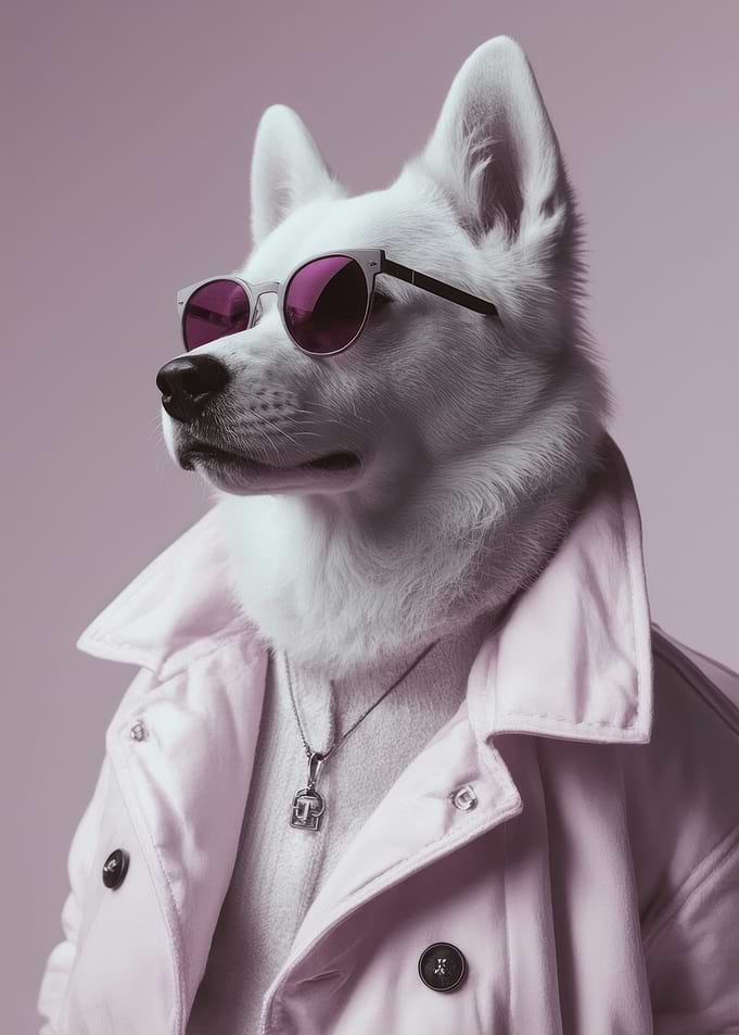 Stylish Samoyed White Dog in Pink Trenchcoat