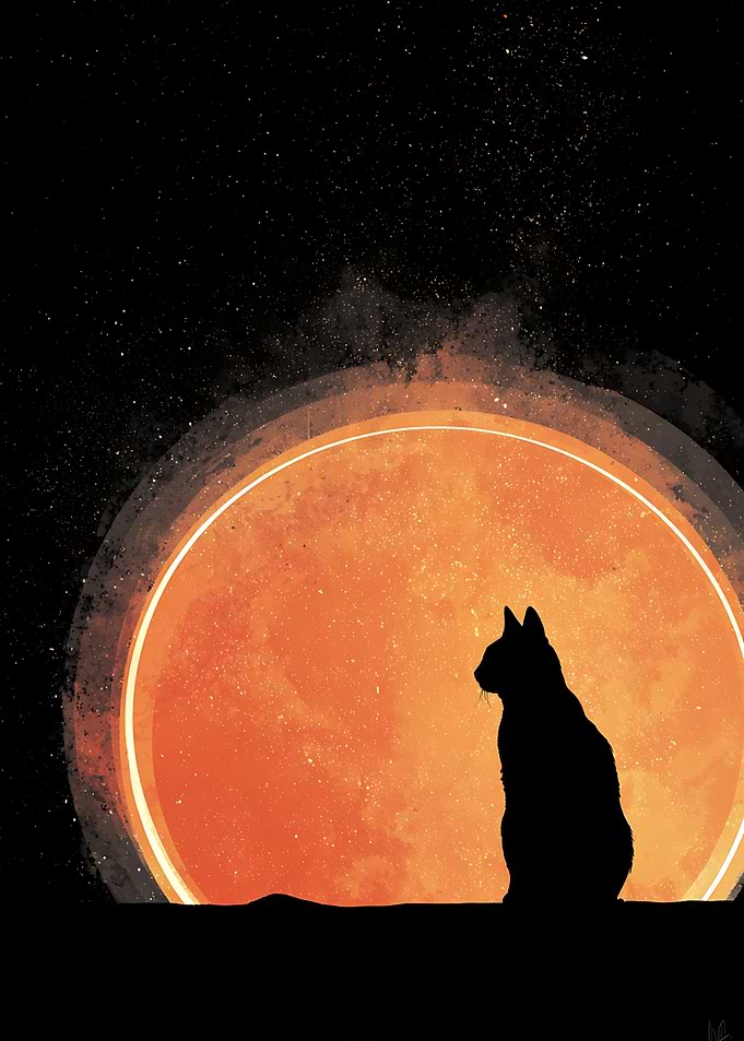 Cat Silhouette Against Giant Orange Moon