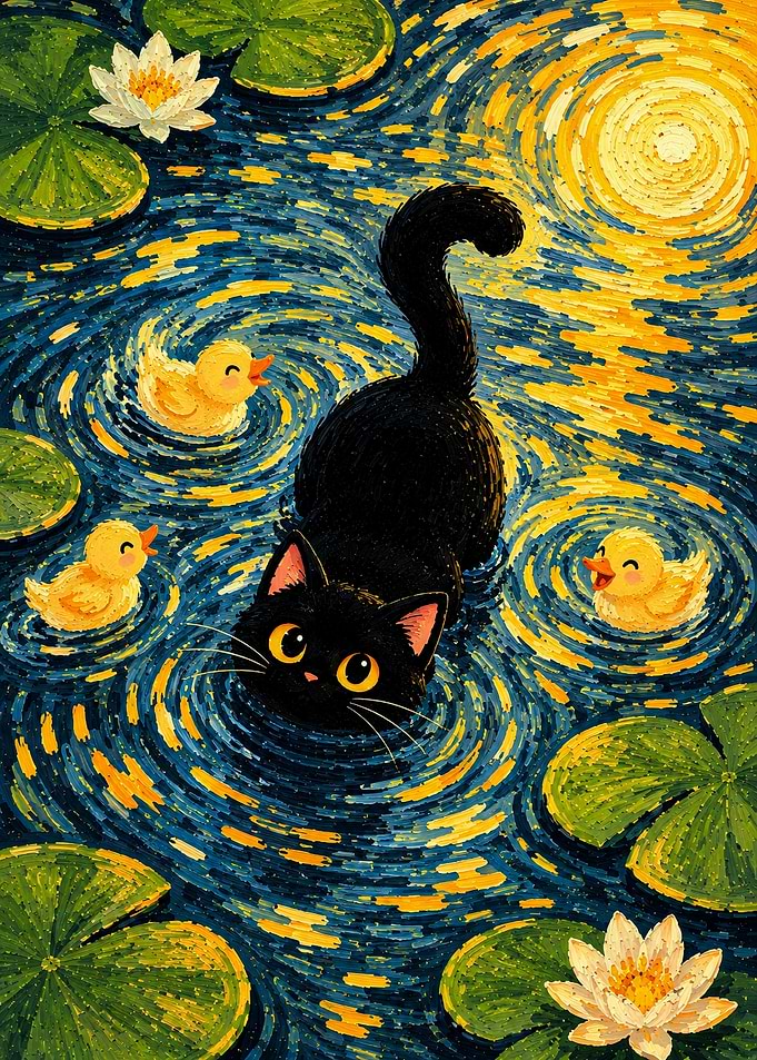 Black Cat Swimming with Ducklings