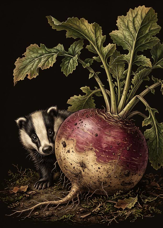 Badger Peeking Behind a Large Turnip