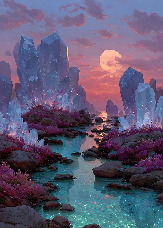Ethereal Crystal Landscape at Sunset