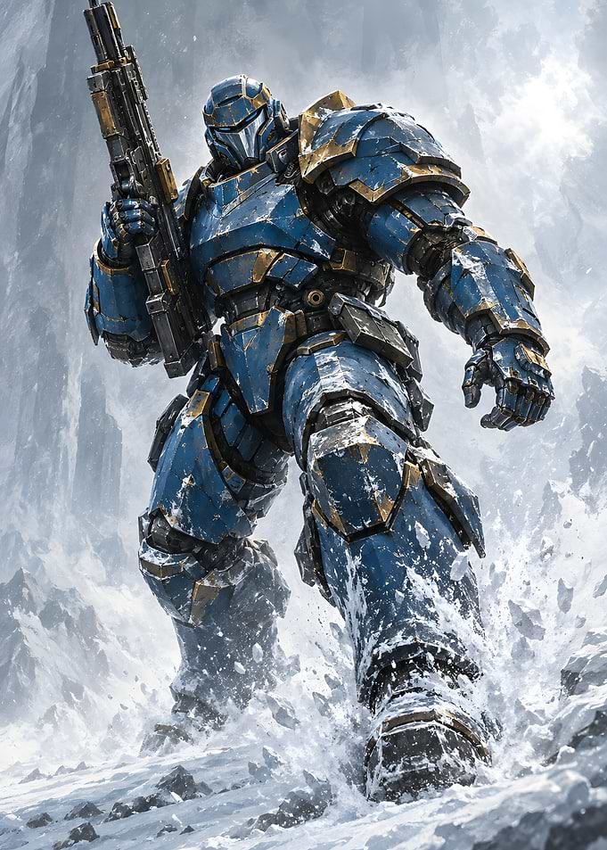 Blue Armored Soldier in Snow