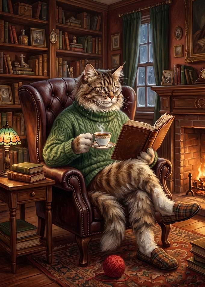 Cozy Cat Reading by the Fire