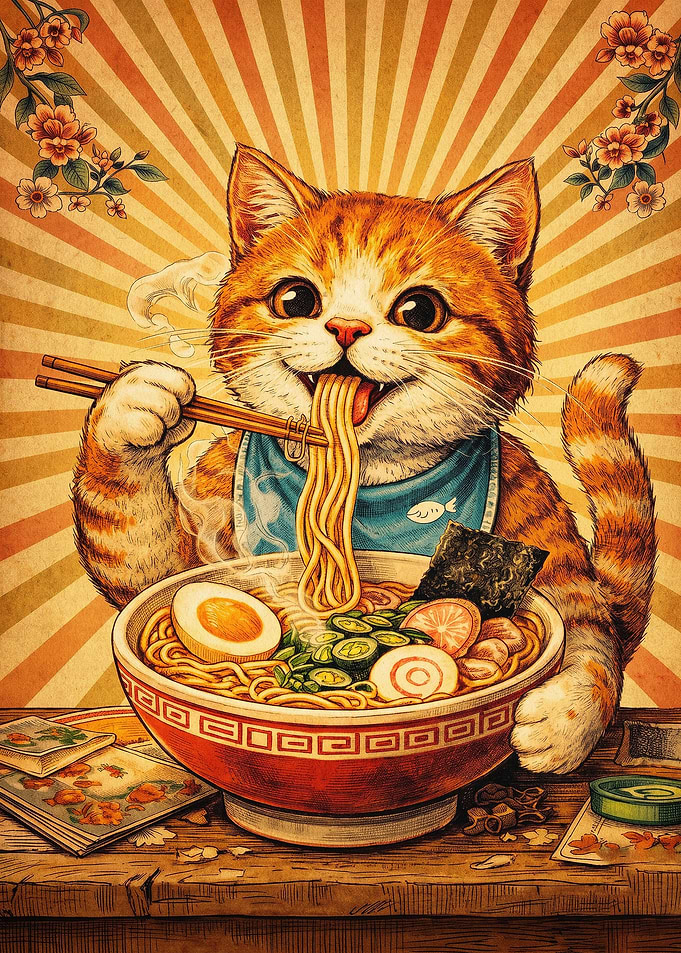 Cat Ramen Eating Retro Poster