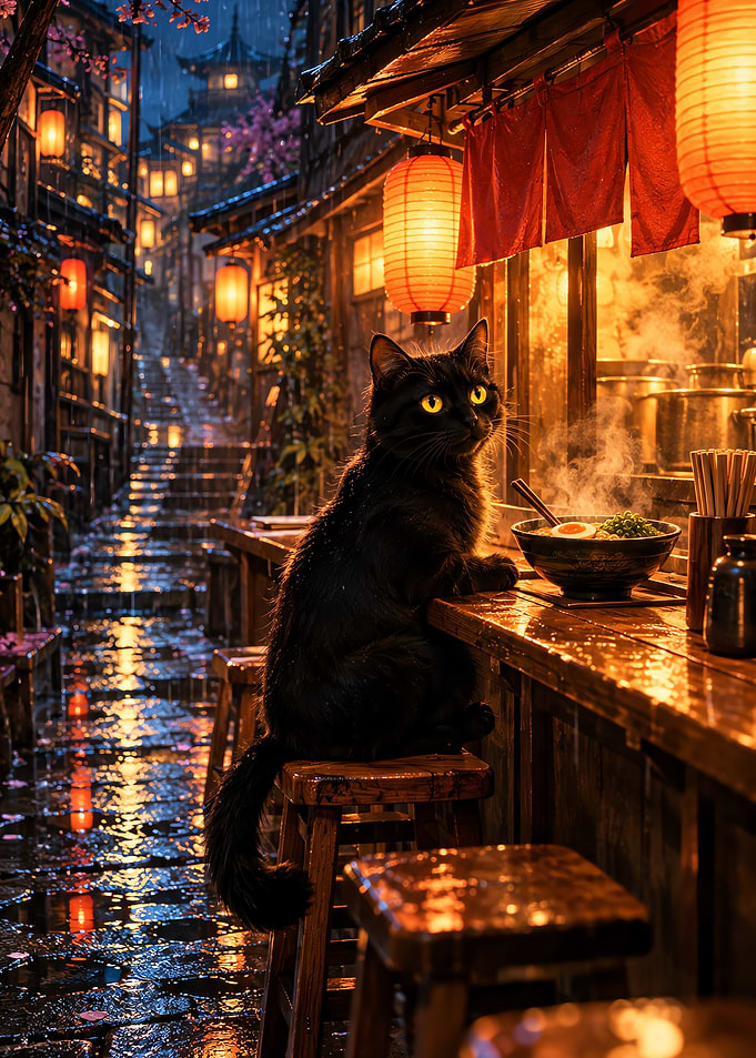 Black Cat Midnight Ramen Bar Rainy Lantern Alley