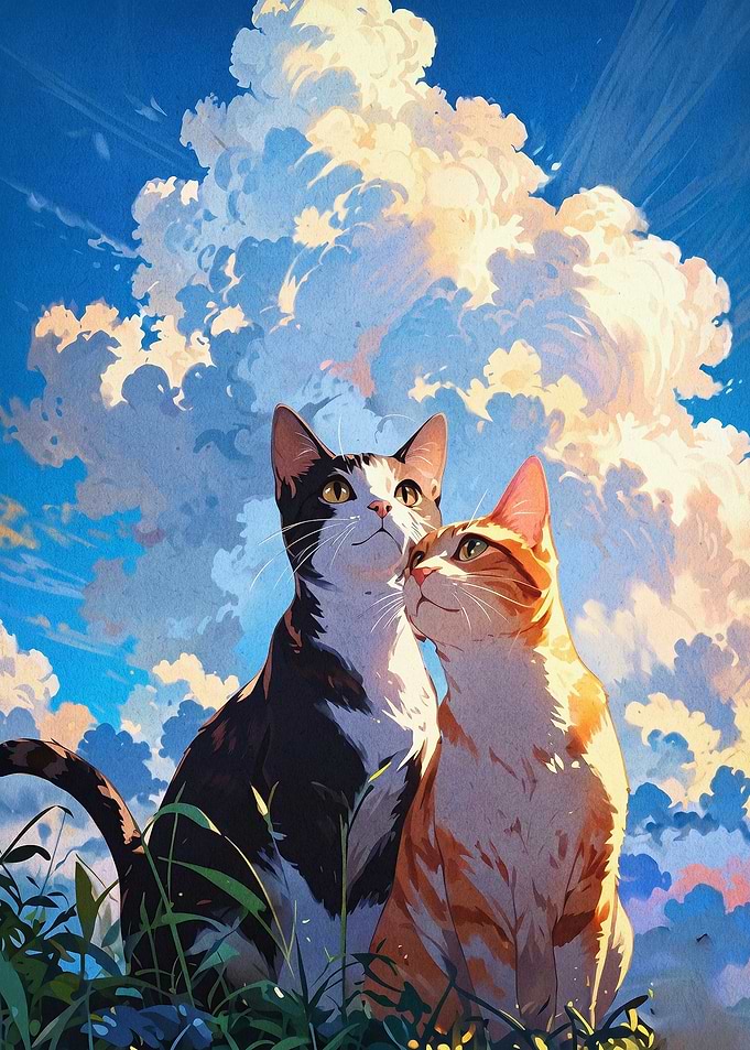 Cats Sky Clouds Anime Art Poster