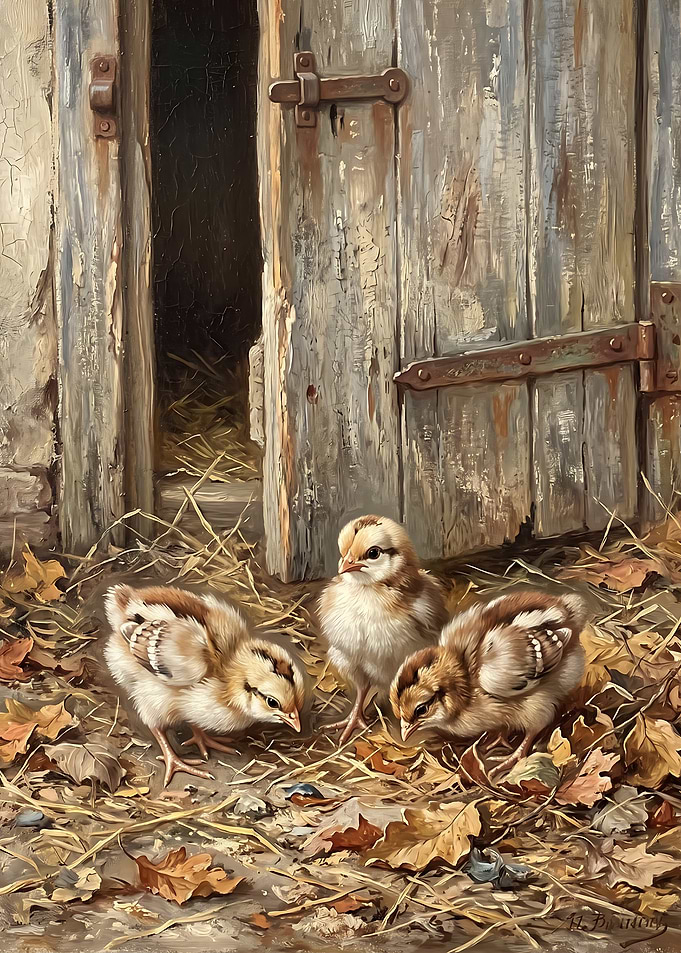 Three Fluffy Chicks by Barn Door